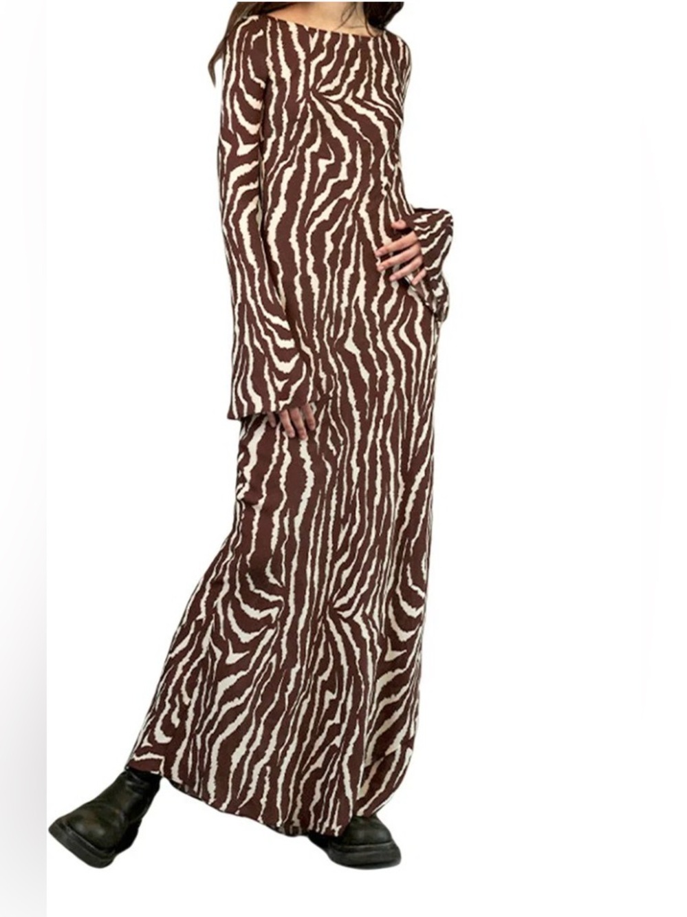 Long Sleeve Zebra-Print Maxi Dress